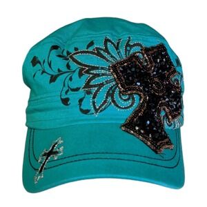 Kbethos Goth Cross Rhinestones Cadet Hat Cap Women's Adjustable Y2K Bling